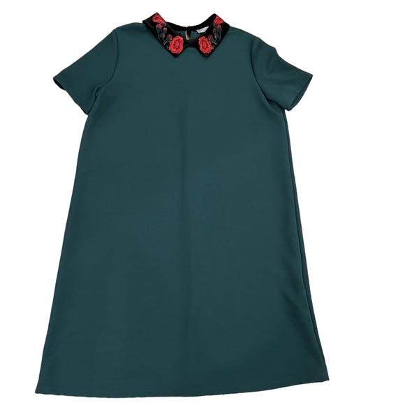 Zara Trafaluc Embroidered Peter Pan collar short sleeve green dress Sz M - Picture 4 of 11